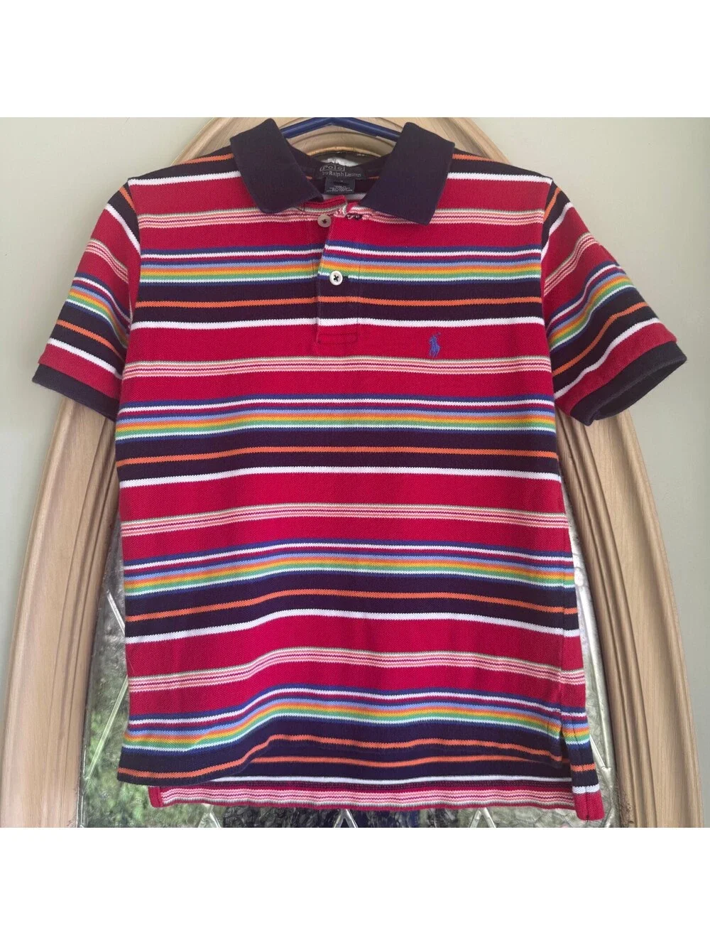 Ralph Lauren Boys' Size 7 Red Multicolor Striped Polo Shirt 100% Cotton Preppy
